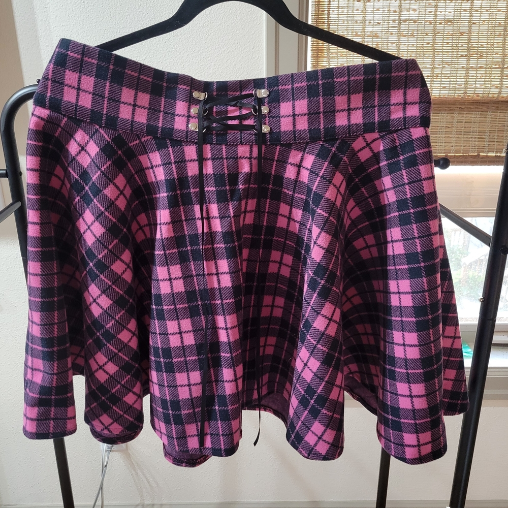 Pink Plaid Flared Mini Skirt - Picture 2 of 4